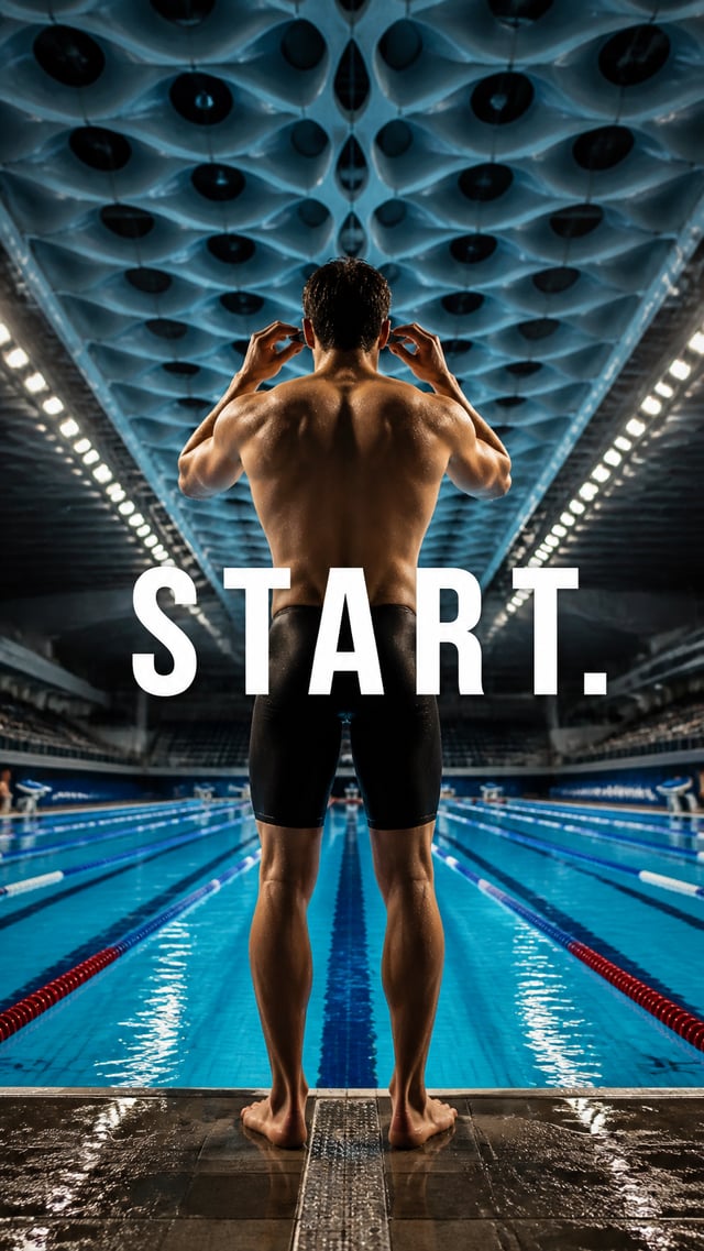 Create a premium 9:16 sports editorial.Main Subject: Young male swimmer standing at the edge of an O