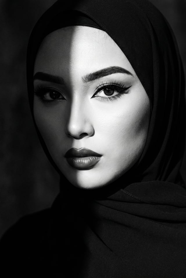 A stunning, high-contrast black and white editorial portrait, Describe an extremely beautiful female
