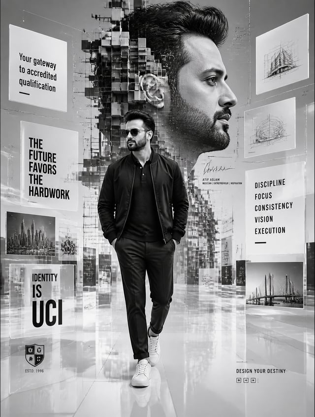 A futuristic monochrome motivational digital artwork featuring a man resembling *Atif Aslam* walking