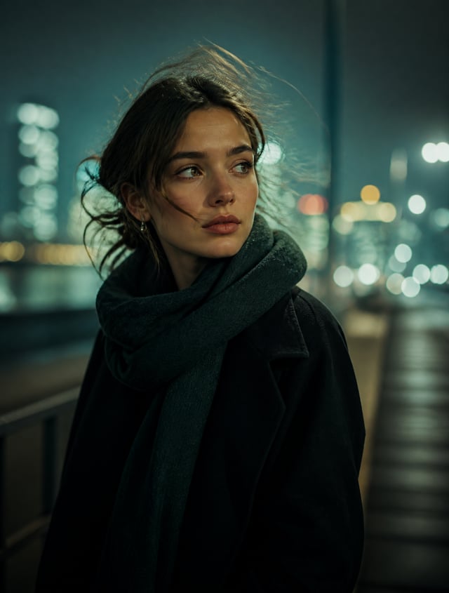 A cinematic night-time portrait of a young woman standing outdoors, softly lit by ambient city light