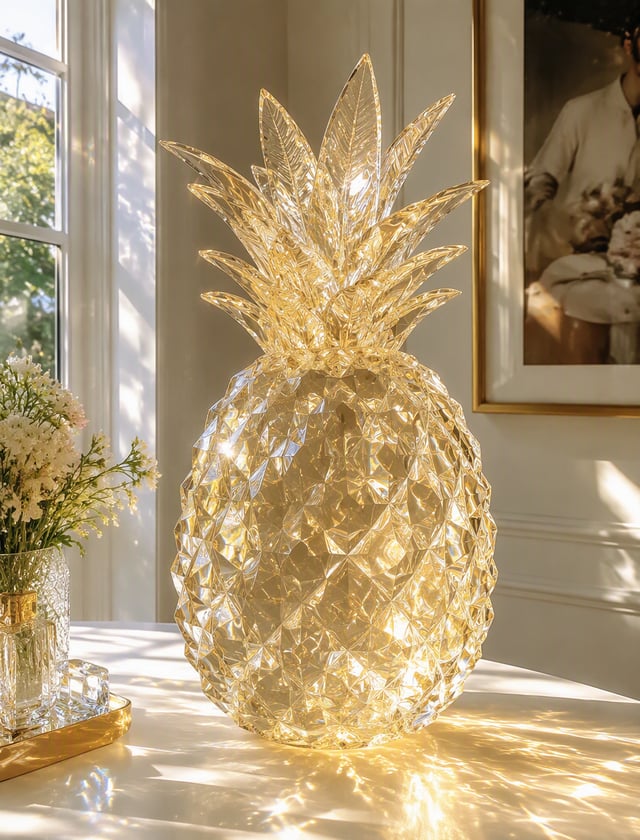 On a white table lies a huge pineapple made of transparent crystal in light gold color. Sunlight shi