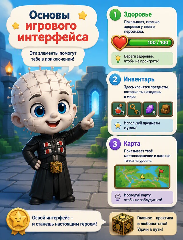Яркая и детализированная обучающая инфографика в стиле Pixar, изображающая персонажа Пинхеда из фран