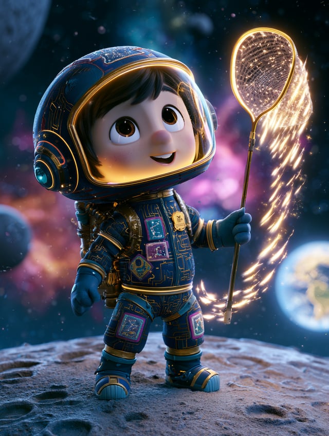 Cinematic 3D illustration in Pixar art style of a joyful cosmonaut named Elio standing on the dusty,