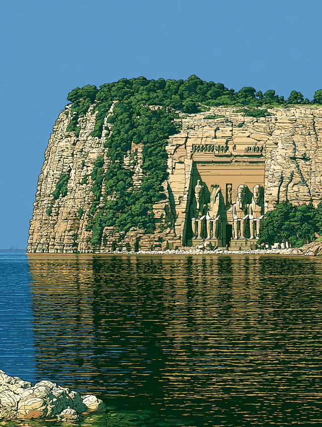 An illustration of the Abu Simbel monument, on the shores of Lake Nasser, in southern Egypt.Clean, v