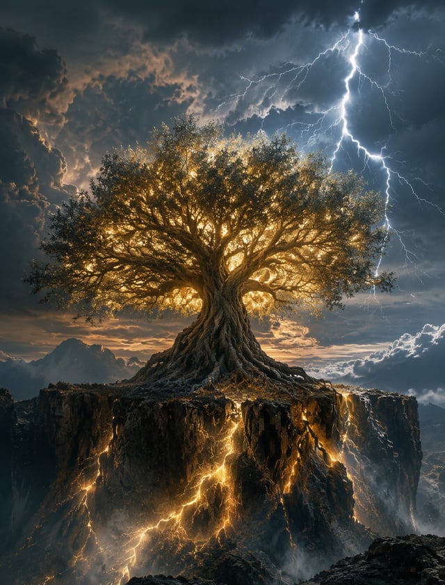 A breathtaking cinematic photo capturing the heartbeat beneath the thunder. A colossal tree stands d