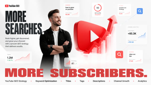 16:9 aspect ratio. Elegant minimalist advertising composition featuring a successful YouTube creator