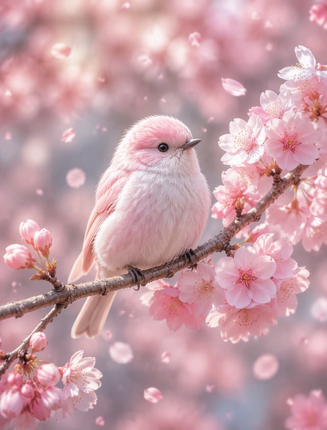 A medium shot of a small, fluffy bird sitting on a branch with blossoming cherry flowers. The bird h