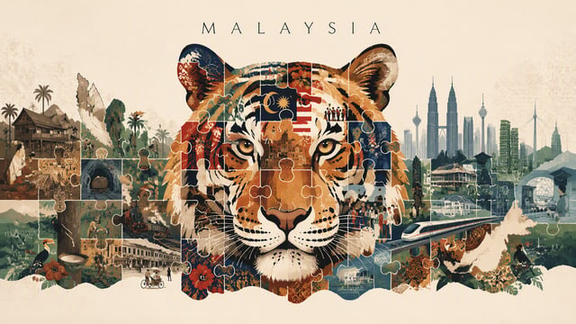 MASTER PROMPT — LANDSCAPE MERDEKA POSTERMALAYSIA — “MANY PIECES, ONE MALAYSIA”Create a sophisticated