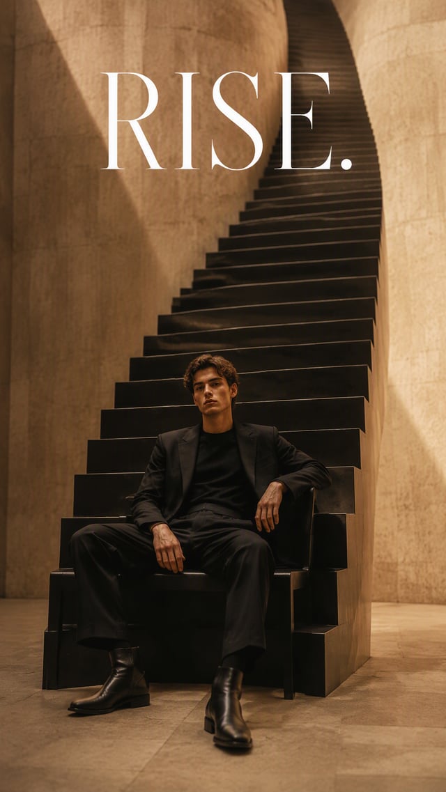 Create a premium 9:16 editorial portrait of a young male model sitting on a minimalist black chair.T