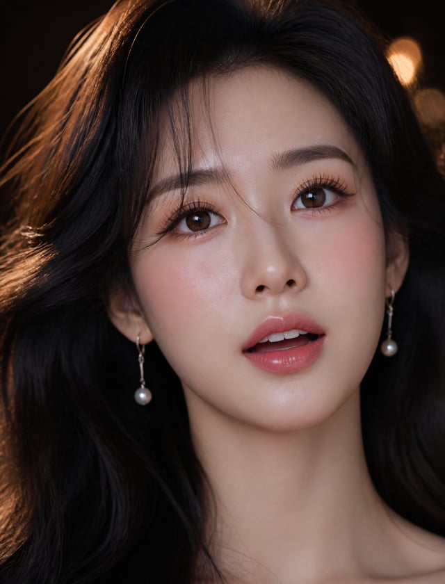Sebuah potret close-up wajah yang sangat detail dan sangat dipoles dari seorang wanita Asia muda yan