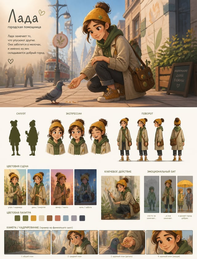 Create a polished animated visual concept for доброго городского персонажа. Define silhouette, expre