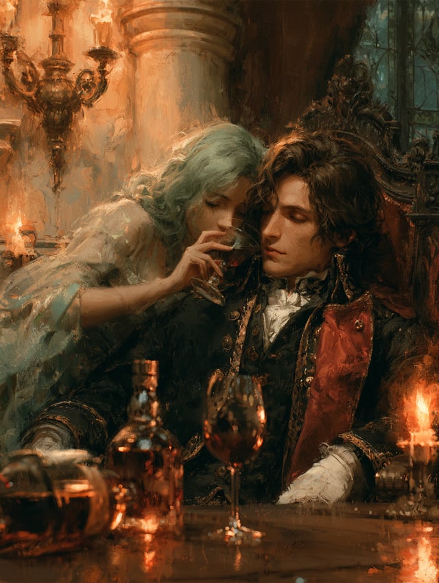 A gothic anime-styled pair reclines together in an ornate dark interior: a pale, green-haired woman 