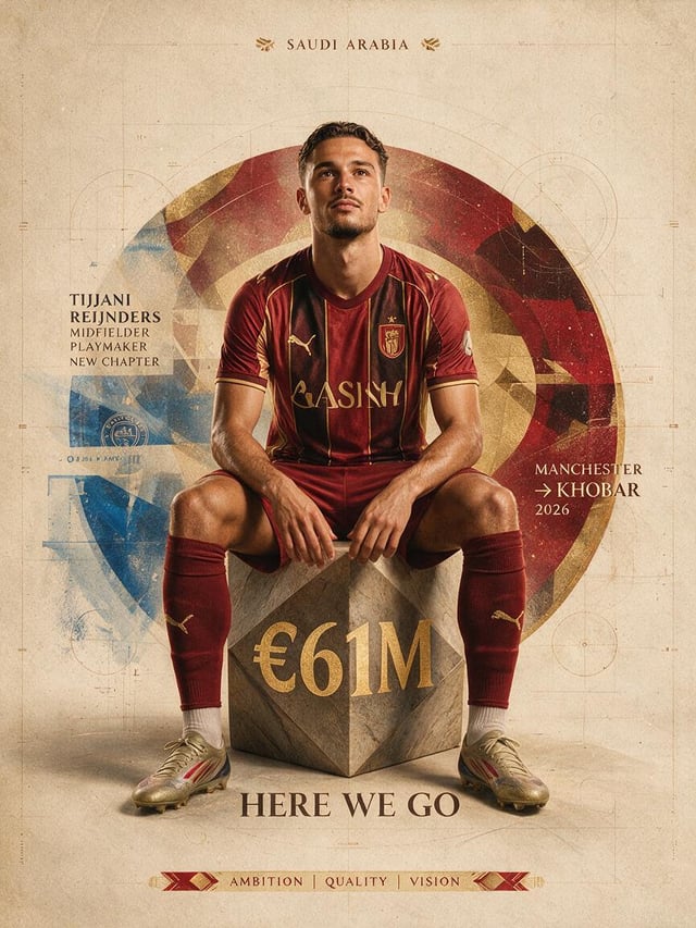 Create an ultra-detailed premium football transfer portrait poster featuring Tijjani Reijnders as th