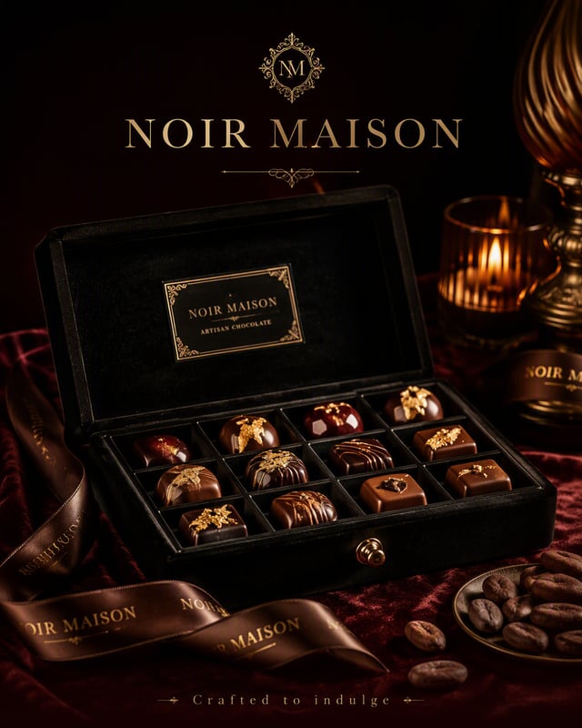 Create an ultra-premium advertising poster for a fictional artisan chocolate box brand "NOIR MAISON"