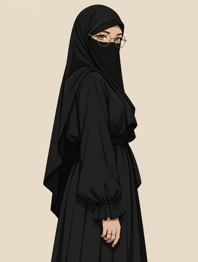 An elegant woman stands in a three-quarter profile wearing a matte black niqab and abaya, featuring 