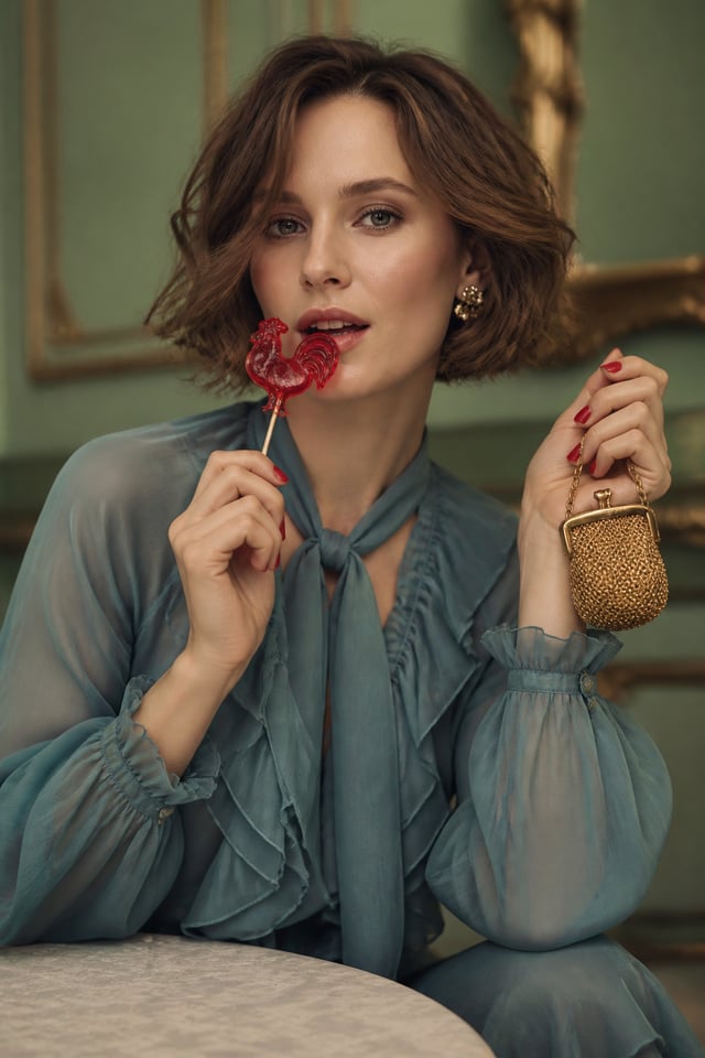 Photorealistic fashion portrait of a young European woman with chestnut wavy bob hair, holding a tra
