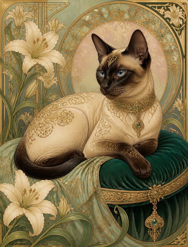 An elegant Siamese cat adorned with delicate gold filigree and intricate patterns, lounging on a vel