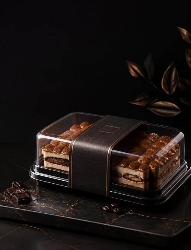 Create a professional dark luxury product advertising. Main subject: десерта в упаковке. Use a singl