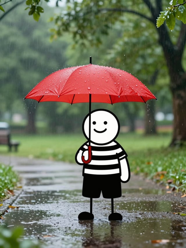 A photograph showing a charming character in the form of a stick figure standing in a rain-soaked pa