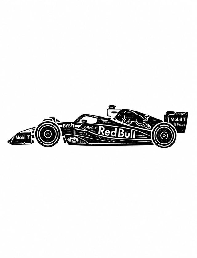 minimal small linocut of an Red Bull F1 car, black and white, vector, white background, style of Kat