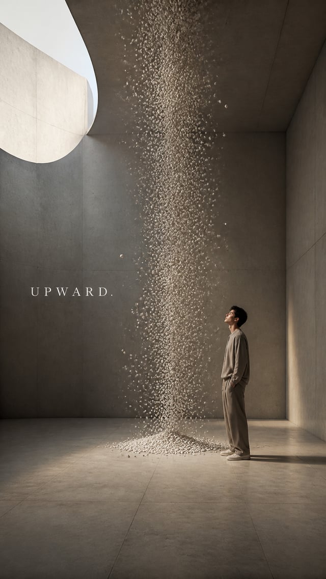 Premium editorial campaign.Main Subject:Young man standing inside a minimalist concrete room.Creativ