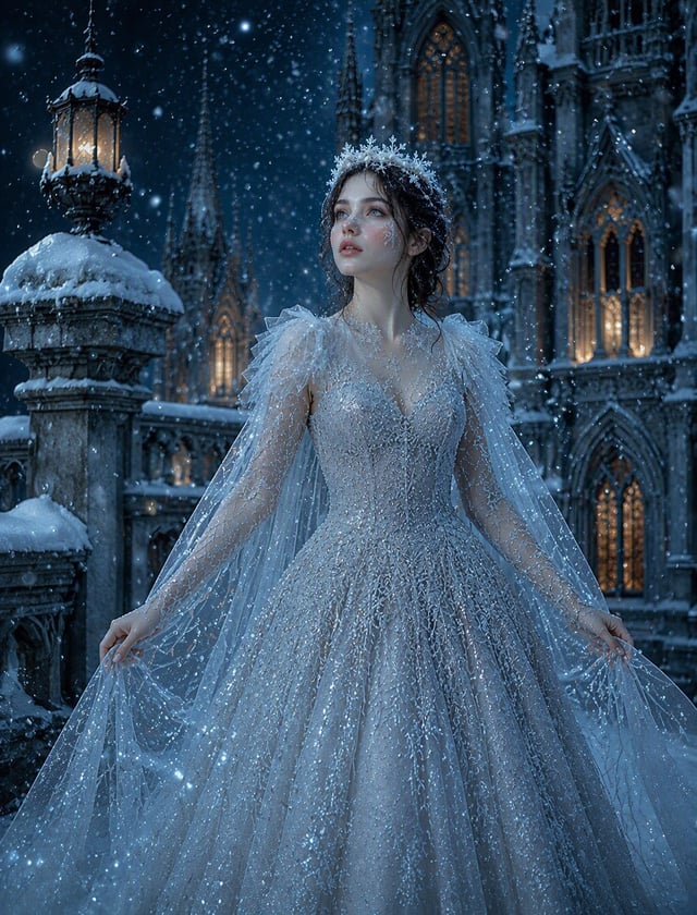 A detailed cinematic portrait of [image1] a beautiful young woman, a Snow Queen, wearing an intricat