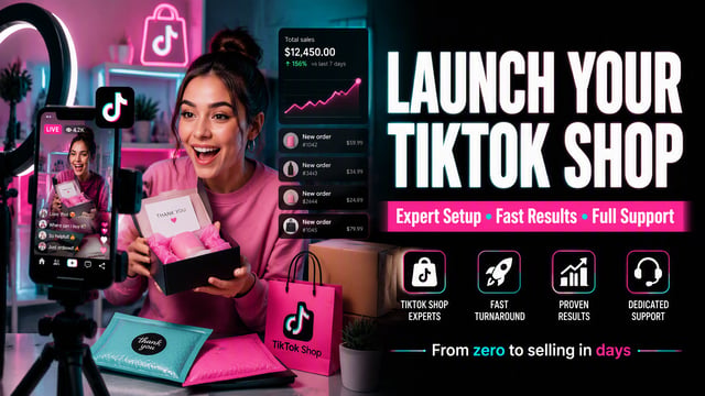 Create a vibrant 16:9 landscape promotional image for TikTok Shop setup.Dynamic scene of a young ent