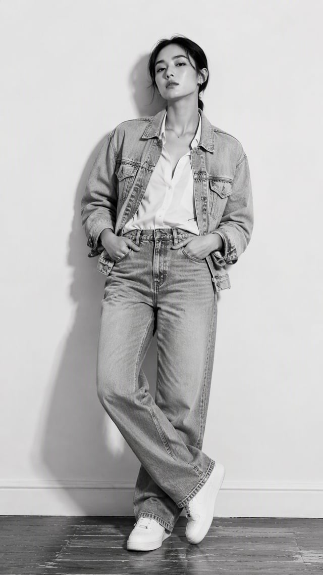 A confident woman poses full-length against a seamless white studio wall, leaning subtly into one hi