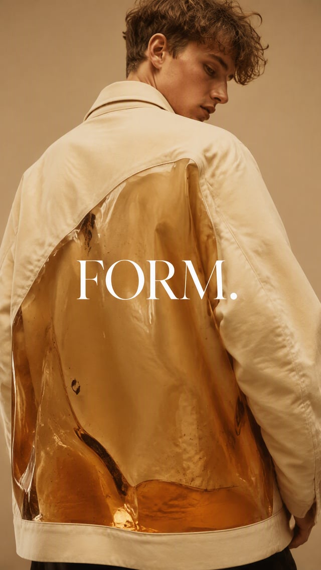 Create a premium 9:16 experimental fashion portrait of a young male model wearing an oversized cream