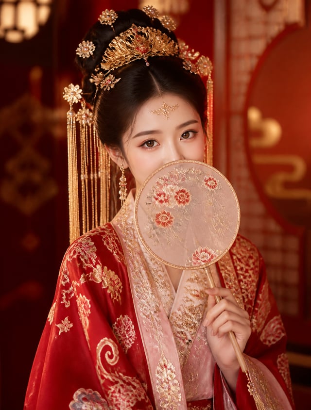 中国古典婚纱摄影，中国古代风格美女肖像，唐式婚纱，年轻成年女性，精致的古典妆容，乌黑长发，饰以华丽的金色花冠和传统的凤凰头饰，金银串珠流苏垂下，额头上淡淡的金色前额装饰，层次丰富的发饰，散发着东方贵族