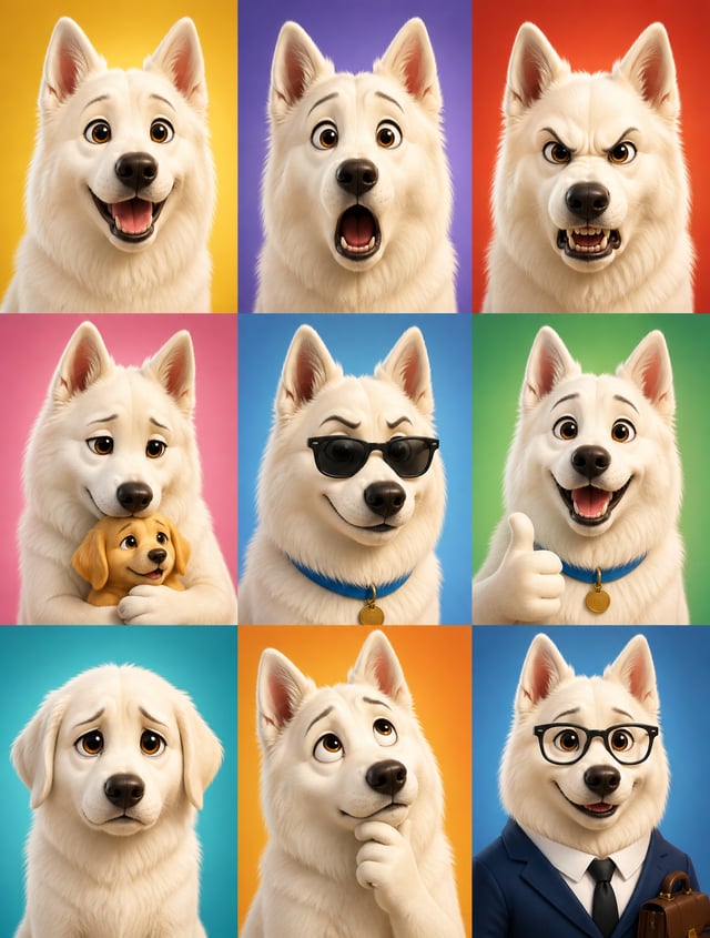 3D cartoon avatar character showing different emotions arranged in a 3x3 grid, same male/female char