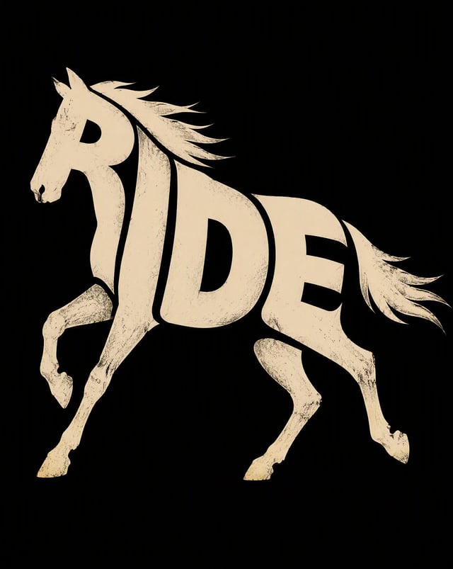 Create a sophisticated experimental typography poster featuring the word “RIDE” transformed into the