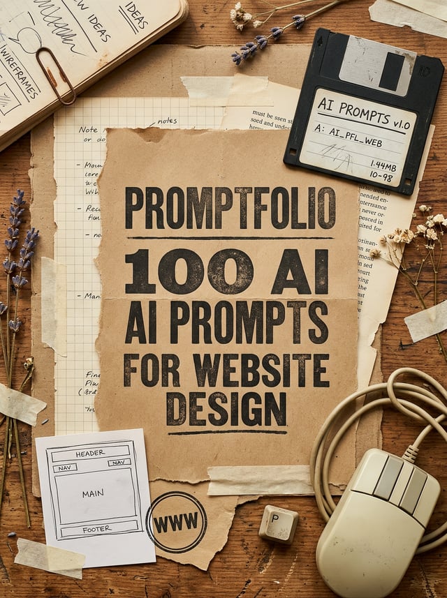 A vintage desktop collage presents a torn kraft-paper poster reading “Promptfolio,” “100 AI Prompts,