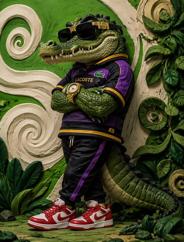 A dynamic claymation-style illustration of a menacing crocodile, posed in a confident stance. The cr