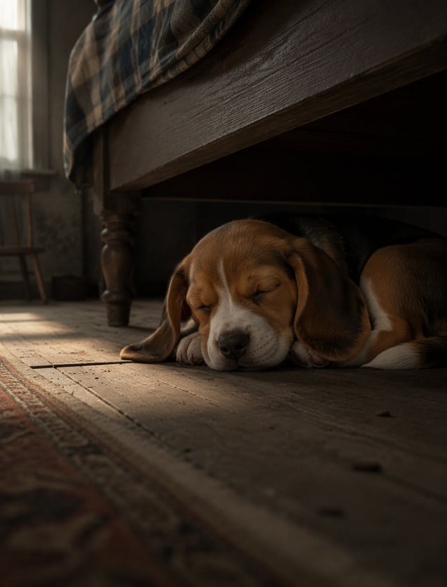 A beautifully rendered 3D animation of a small, brown beagle puppy curled up asleep beneath a dark w