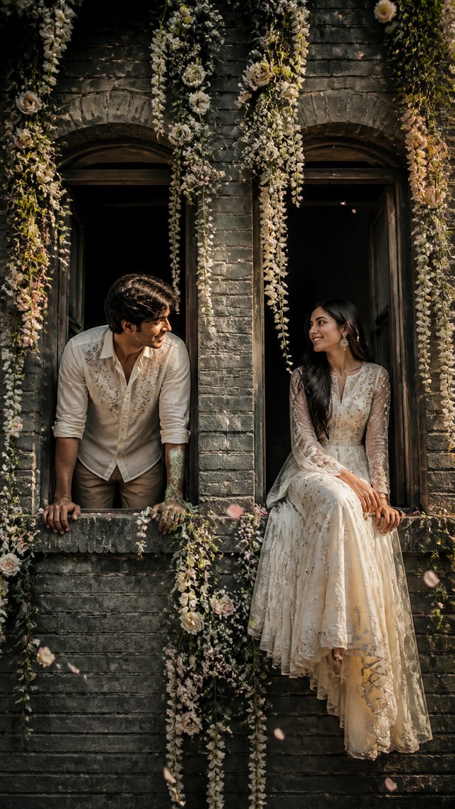 Ultra-realistic IMAX-level Netflix-style cinematic romantic portrait of a young couple sharing a hea