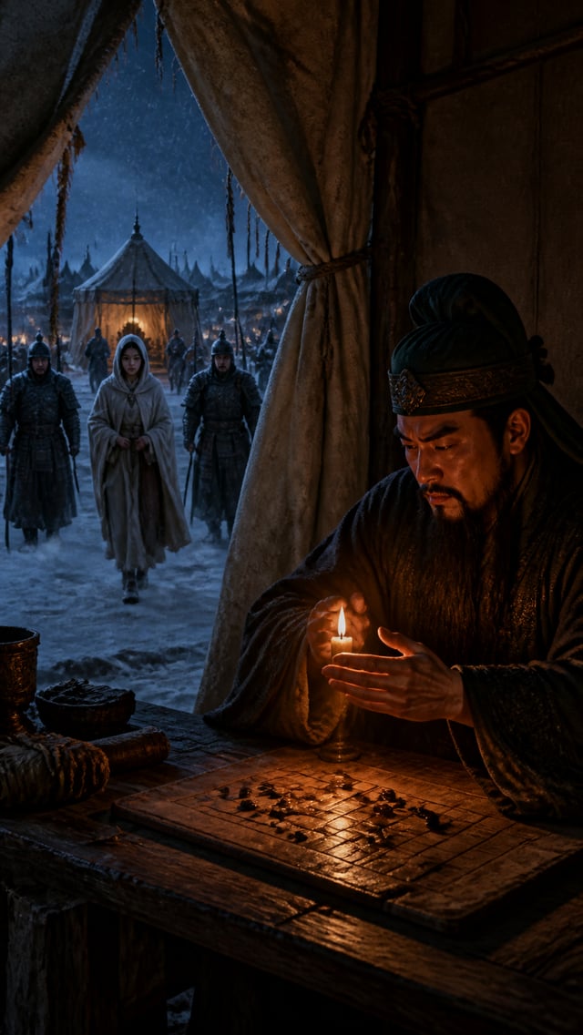 一位的中国古代英雄人物关羽坐在一个粗糙的帆布帐篷下，靠在一张饱经风霜的木桌上，研究着分散排列的黑色棋子，同时手里挡住了一团小小的蜡烛火焰。蜡烛提供了主要的温暖琥珀色基调光，揭示了皱巴巴的黑色长袍、粗糙
