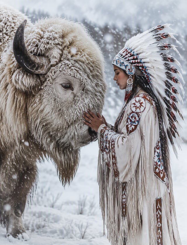 A dramatic artistic photograph of a Native American woman in traditional regalia standing in a winte