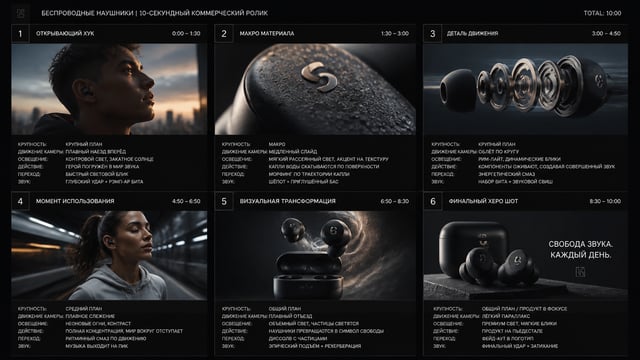 Create a 10-second cinematic product commercial storyboard for беспроводных наушников. Include six t