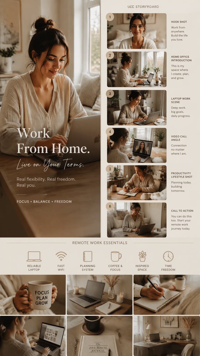 (Luxury AI UGC remote work campaign board), warm beige aesthetic, beautiful female professional work