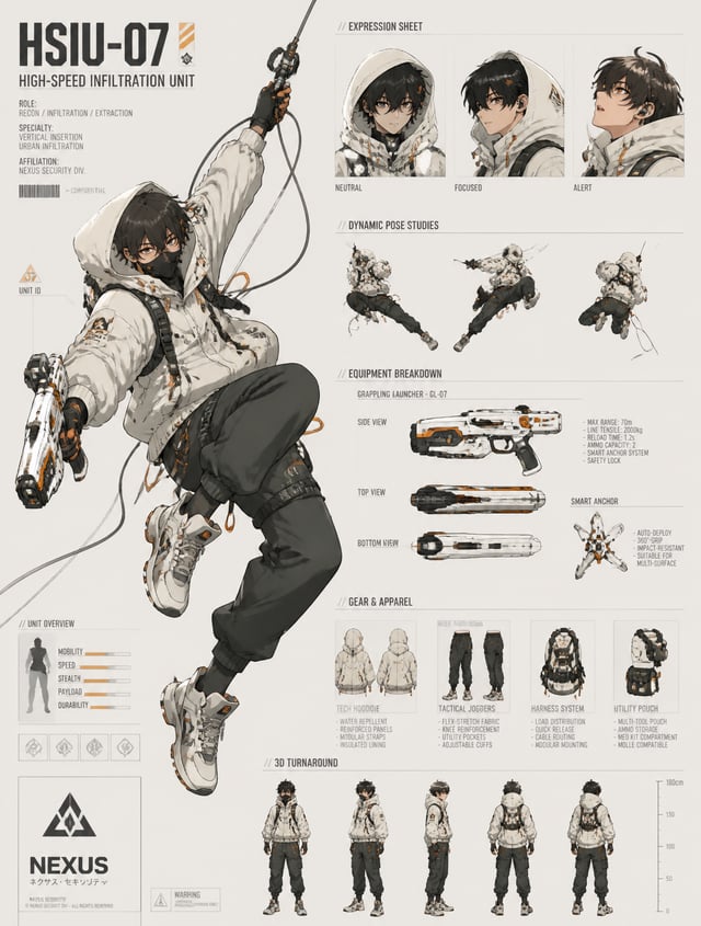 A dynamic character concept sheet showcases a "High-Speed Infiltration Unit" in a mid-air grappling 