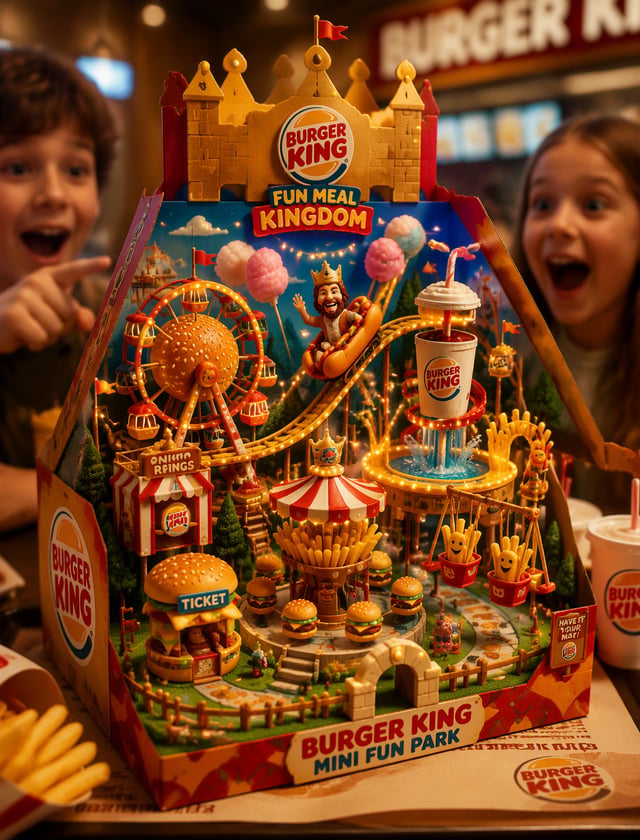 Generate semi-realistic and stylized of a Ultra-detailed 3D render of a 'Burger King Mini Fun Park' 