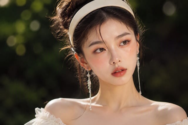 Photorealistic cinematic portrait of a beautiful young East Asian woman, matching the facial appeara