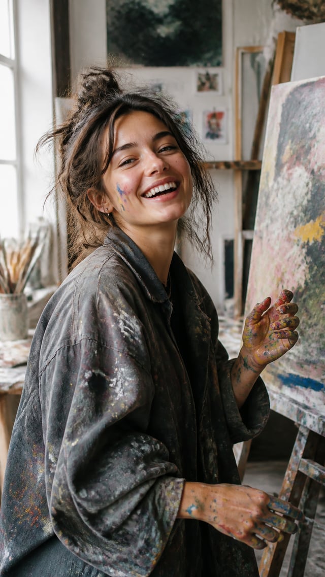 A young artist with paint-splattered hands and colourful oil paint smudges on their clothes, wearing
