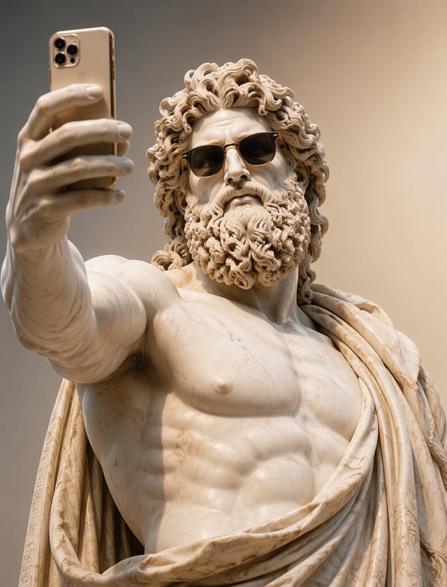 In a captivating digital art piece, a detailed classical Greek marble statue of a deity, In a captiv