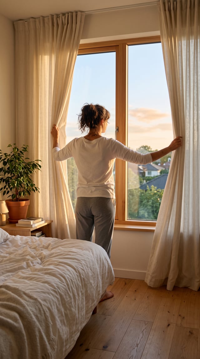 Photorealistic cinematic morning scene, a young person waking up in a clean bright bedroom, opening 