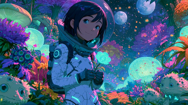 High quality masterpiece anime illustration of a peaceful female astronaut in a sleek, white high-te