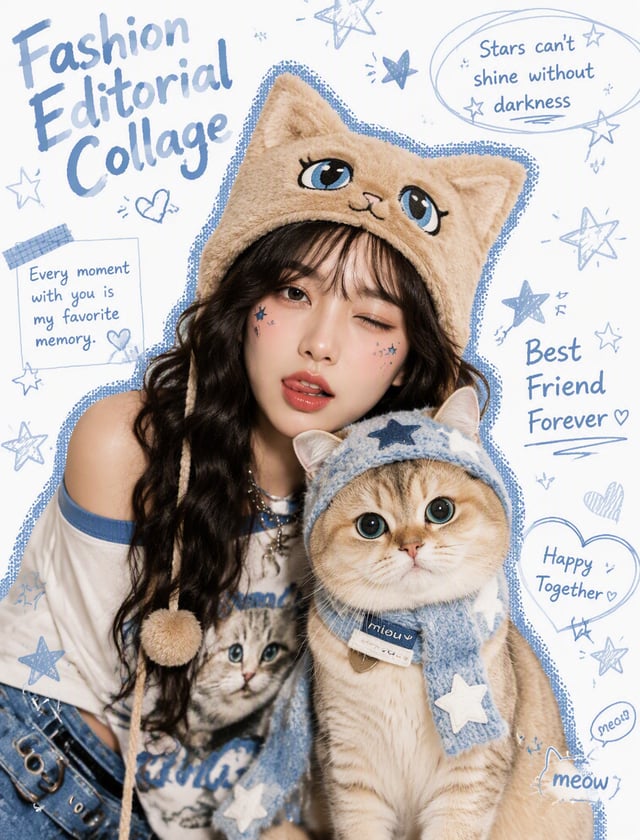 A fashion editorial collage photo in a Y2K 'soft pop art' aesthetic, featuring an Asian model posing