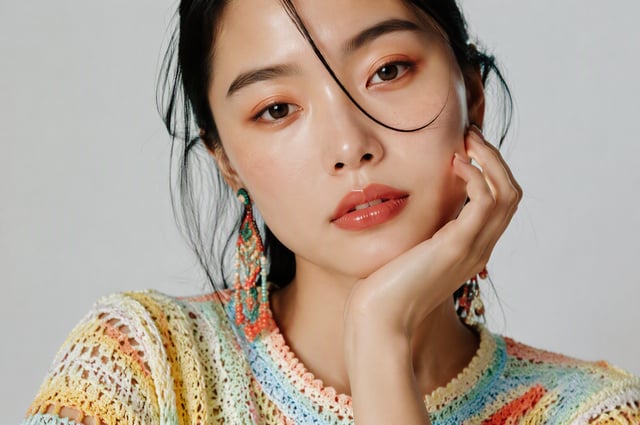 High-end photorealistic 3:2 editorial close-up of a clearly adult Asian woman, fair luminous natural