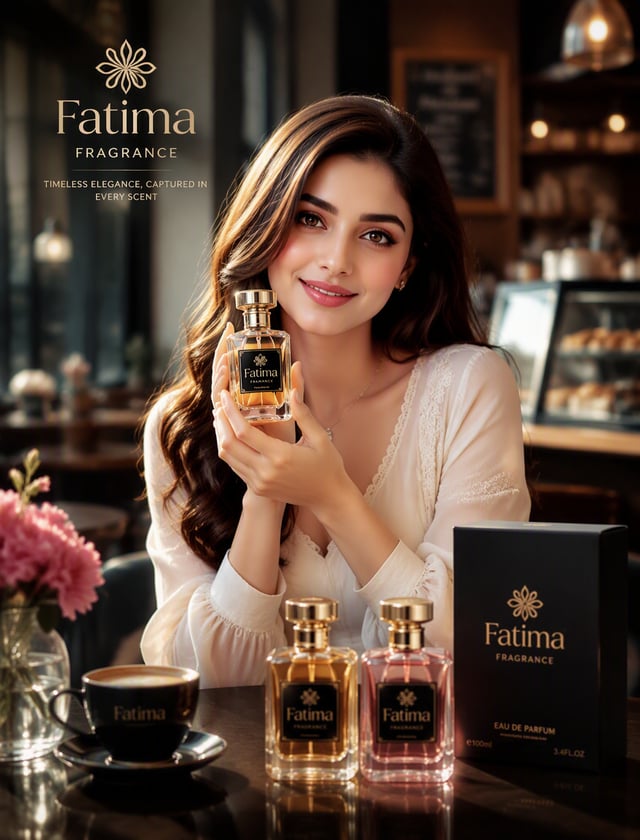 Fatima Fragrance Luxury Perfume bottles with a sweet charming girl in hand bottles and background is